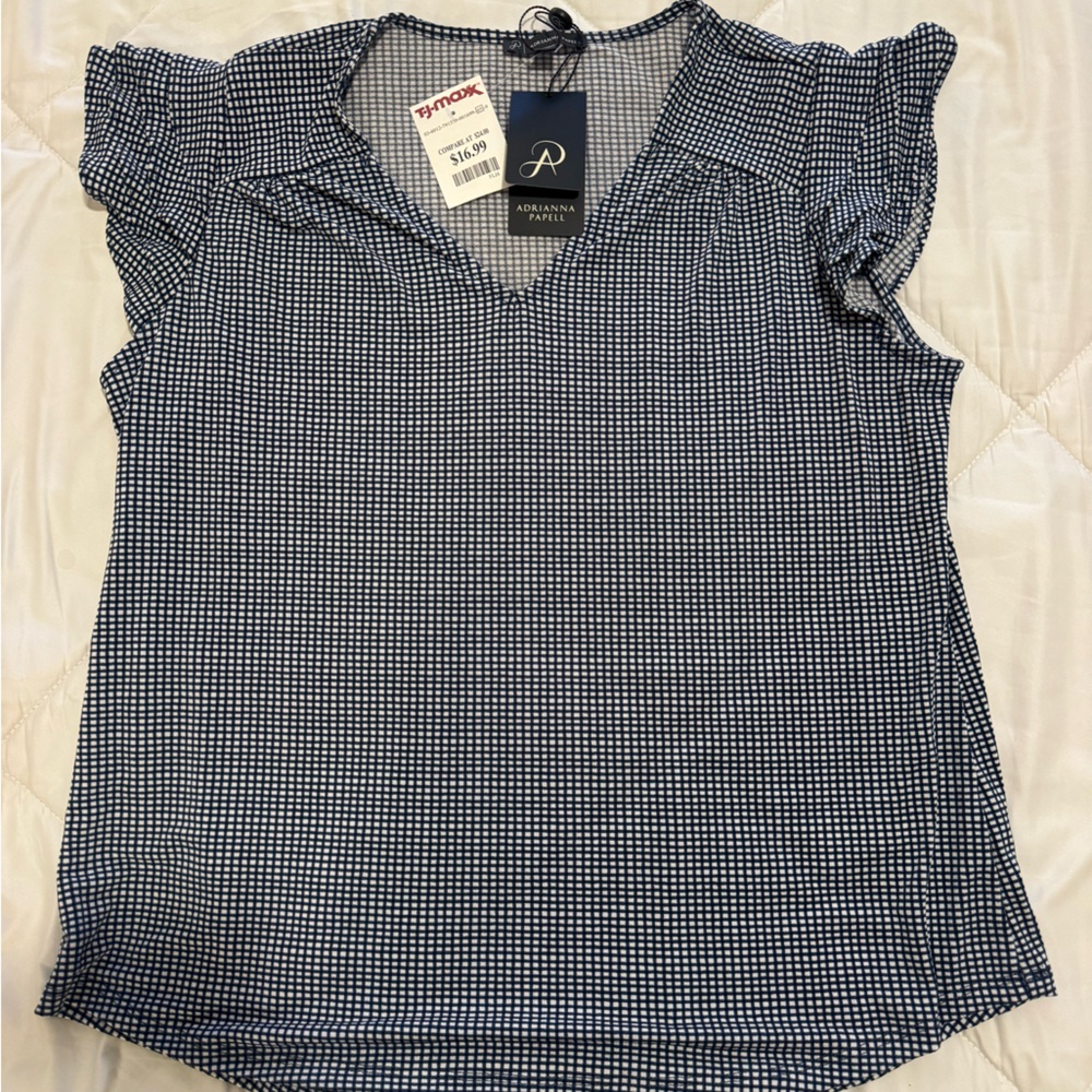 Adrianna Papell Navy and White Checkered Top